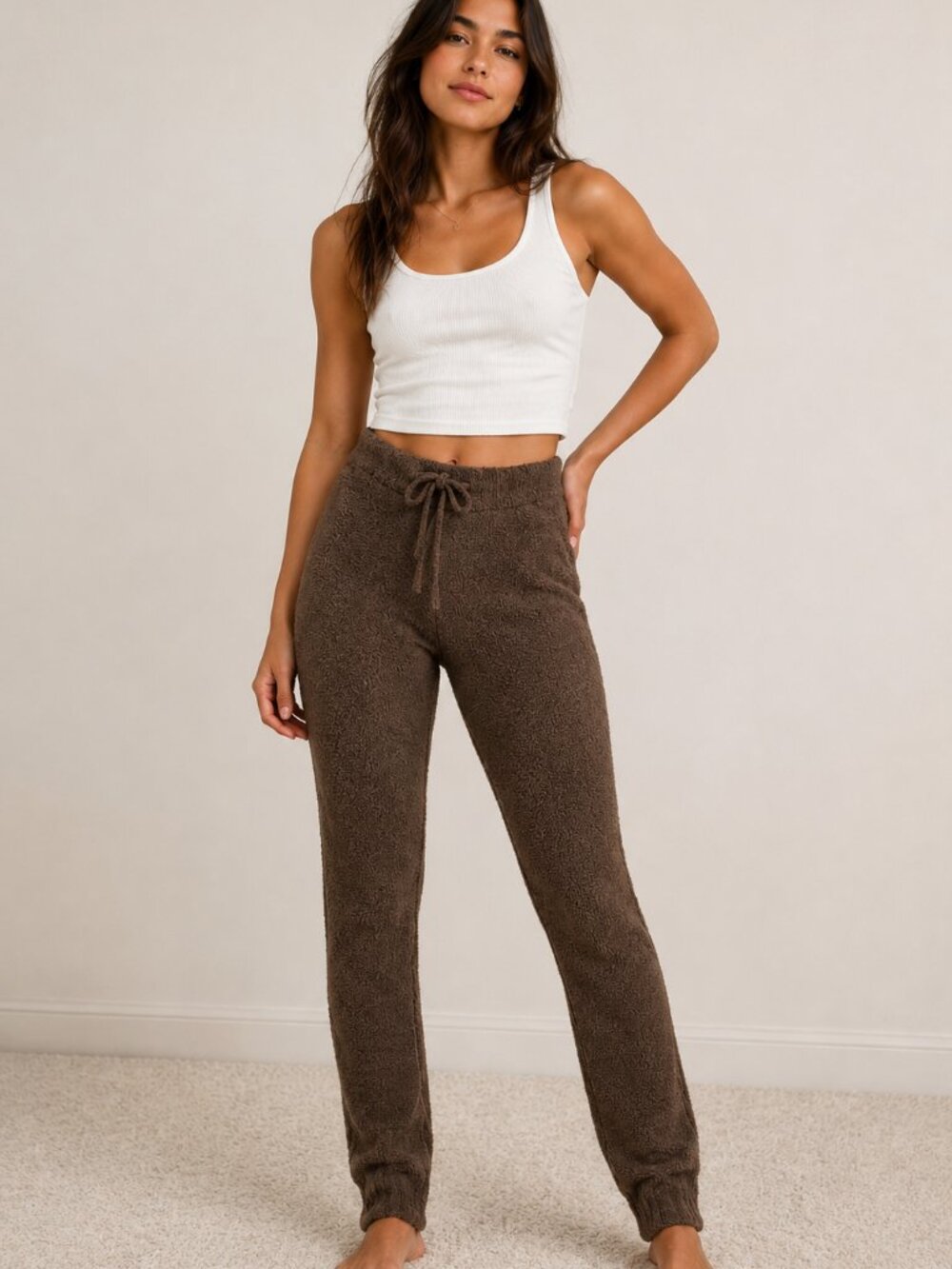 Skims Pull On Fleece Sherpa Teddy Jogger Pants Brown Cozy Loungewear high Waist